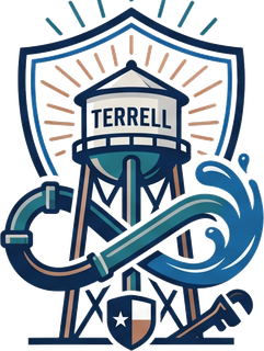 Plumbing Pros Terrell logo, a Terrell water-tower crest, on the Terrell, TX plumbing home page (link to home)